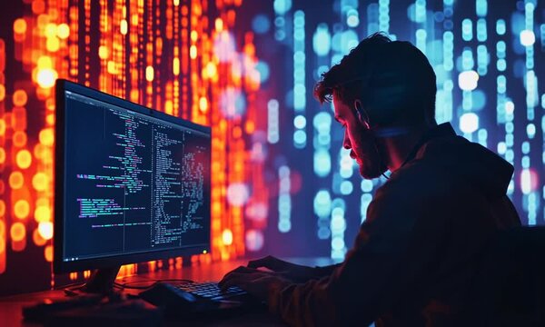 A focused programmer working on code at a computer, surrounded by vibrant digital data visuals