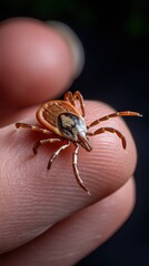 Obraz premium Enlarged view of a tick on a human finger, demonstrating potential health risks and pest control concerns.