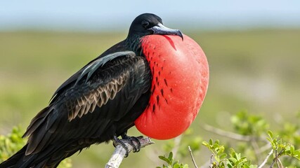 Close-up view of a male Magnificent Frigatebird showcasing its vibrant red gular sac a captivating display of courtship behavior filmed in its natural habitat