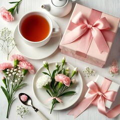 Tea and gift box with flowers for Mother's Day