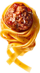 meatball with tomato sauce covered in tagliatelle on transparent background  