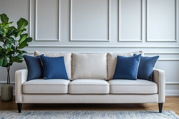 Elegant cream sectional sofa with blue accent pillows in a modern interior.
