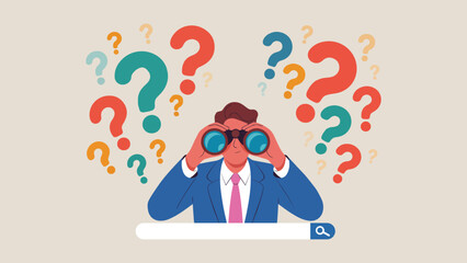 Colorful vector illustration of a businessman with binoculars over a search bar, surrounded by question marks, symbolizing curiosity or online search. Ideal for SEO or digital marketing themes