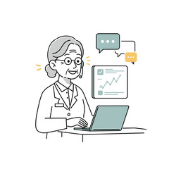 Elderly Receptionist Smiling Working on Laptop. Minimalist Art, Digital Background. Concept of Senior Digital Workforce, Digital Inclusion. Useful for Business, Technology, Senior Services visuals