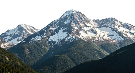 Fototapeta premium Snow Capped Mountain Peaks with Green Forest Slopes Scenery