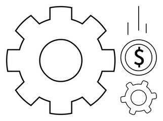 Gear system represents efficiency, paired with a falling dollar coin indicating financial growth or innovation. Ideal for business, technology, finance, automation, productivity, strategy, planning