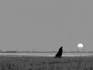 howling wolf silhouette at gray moon