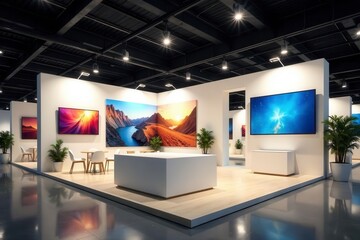 Modern expo stand, subtle branding, neutral palette, contemporary, trade show, exhibition