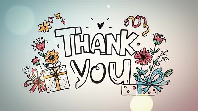 Animated Thank You Message with Hand-Drawn Style and Floating Gift Boxes