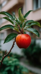 Obraz premium Fresh red apple on branch, showcasing vibrant color and healthy organic fruit for seasonal harvest and natural sweetness