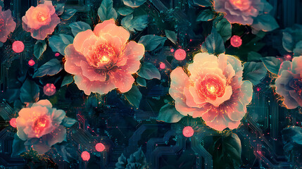 Obraz premium Floral circuitry photosynthesis colorful circuits. [Gilded Mechanica] | Floral Circuits | elegant code. Illustration