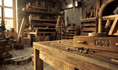A rustic woodworking shop filled with tools and wooden materials, showcasing craftsmanship