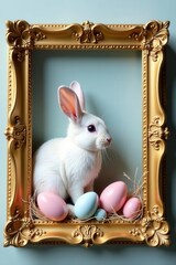 White rabbit nestled amongst pastel eggs within an ornate gold frame , clipart, springtime