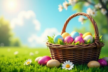 Wicker basket overflowing with colorful eggs, spring blooms, sunny sky , bright, illustration