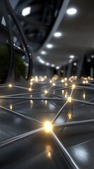 Network of metallic rods connected with glowing nodes reflecting light on a dark surface inside a space with lights.