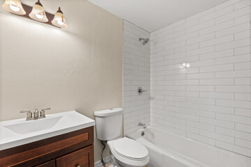 A bathroom that includes a toilet, sink, bathtub, and shower area