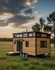 Modern Tiny House on Trailer in Open Field &mdash; Symbol of Off-Grid Freedom and Mobile Independence