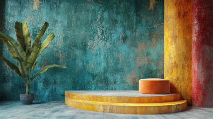 Fototapeta premium 3D rendered background with vibrant teal textured wall and minimalist aesthetic elements under realistic 4K side angle view creating a modern scene.