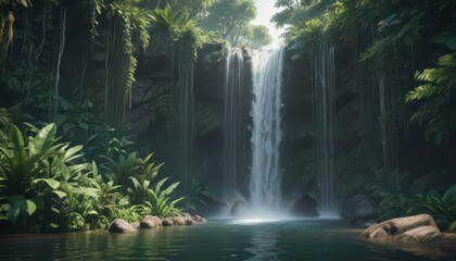 Crystal clear waterfall plunges into dense jungle greenery ,  spring,  stones,  vibrant