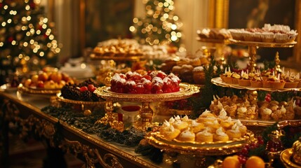 Luxurious Christmas dessert buffet in a grand hall.