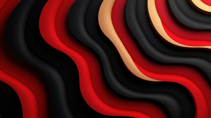 Abstract 3D rende showing realistic layered geometric patterns in black, red, and gold, creating a dynamic side angle view, a high resolution 4K background.