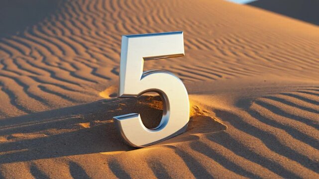 Metallic number five in desert sand dune.  Possible stock photo