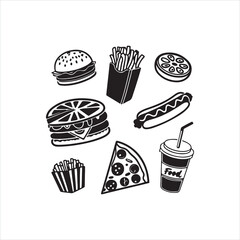 Fast Food Silhouette Clipart Set | Black Doodle Food Icons on White Background