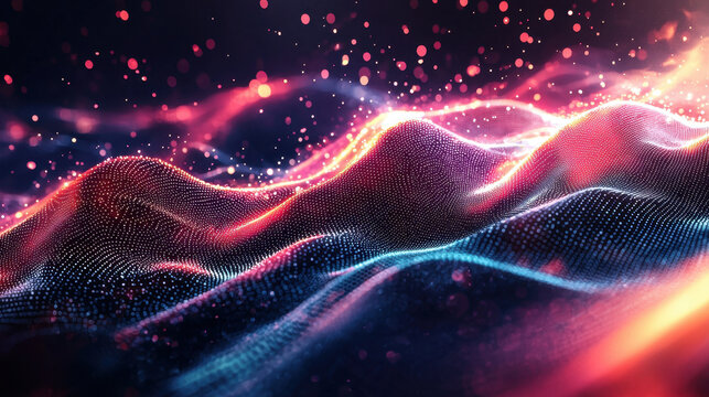 A realistic 4K 3D background depicts a digital composition with glowing particles forming undulating terrain, showcasing Side A in vibrant, abstract colors.