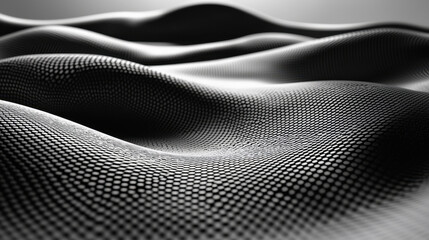 Naklejka premium A creative 3D background features realistic 4K rende of a wavy black pattern with intricate dots, viewed from a side angle creating a captivating abstract design.