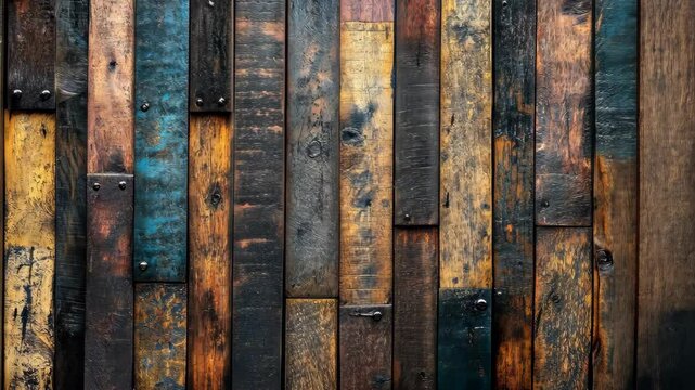 A rustic wall of reclaimed wood planks in varying colors and textures, showing signs of age and wear