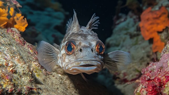 Captivating close-up of a curious fringehead fish peering from a coral reef environment
