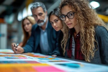 Fototapeta premium Focused team reviewing colorful printed materials.