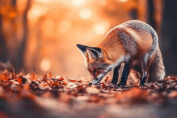 Fototapeta premium A curious red fox exploring a forest floor covered in autumn leaves during golden hour