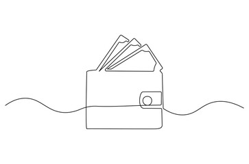 Obraz premium Continuous one line drawing of Wallet with paper money. Single line drawing illustration of Money in wallet. Finance concept vector art. Doodle line illustration.