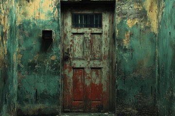 Grunge green wall with rusty door and decaying paint texture