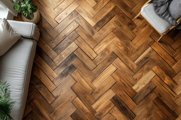 Classic parquet wooden floor in herringbone pattern with warm tones