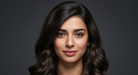 Naklejka premium Brunette woman with a gaze smiles for a stylish portrait in a studio