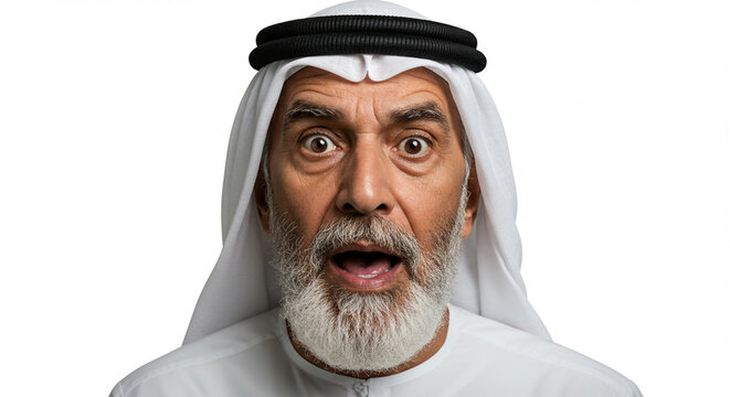 Arab man with a long white beard, looking surprised in his traditional clothing