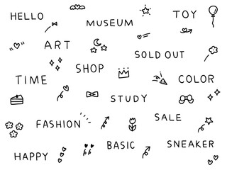 飾りと手書き文字のベクターイラストセット。素材、手描き、動物、落書き、かわいい