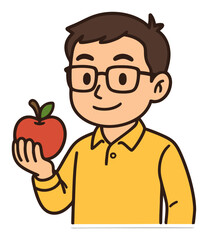 Young Boy in Yellow Shirt Holding Red Apple with Smile and Eyeglasses