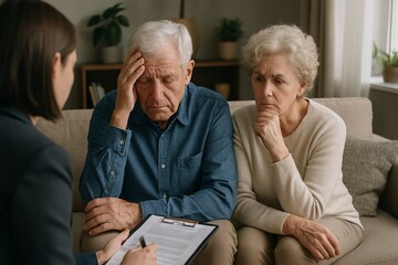 Elderly Couple Consulting Financial Advisor at Home Office: Stress, Emotional Support, and Decision-Making in Senior Care Planning