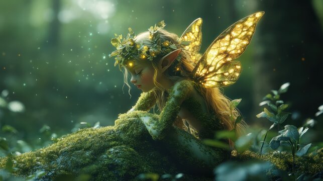 Enchanting forest fairy immersed in nature's ethereal glow and delicate beauty