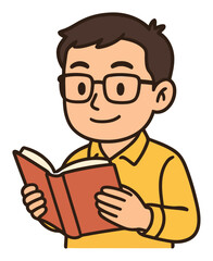 Young Boy Reading Book with Glasses in Casual Outfit Illustration
