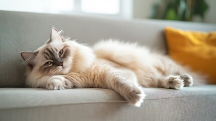 Relaxed cat on a light gray couch