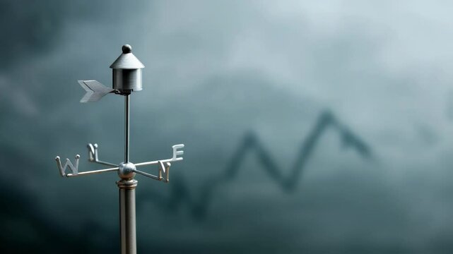 A weather vane spinning erratically in a stormy backdrop representing unpredictable economic conditions and market volatility.