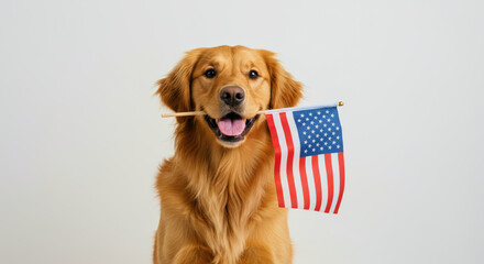 Happy golden retriever holding American flag