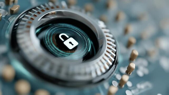 A conceptual image of a digital lock with a face icon representing cybersecurity solutions enabled by facial recognition technology for secure access.