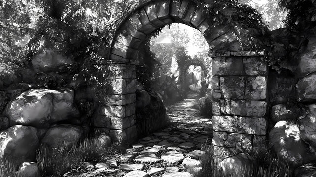 Enchanting stone archway entrance to secret garden path. [Hollow Monoliths] | Cryptic Obelisks | secret stone. Illustration