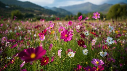 Obraz premium Vibrant cosmos flowers bloom in a field with mountains in the background.