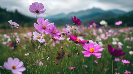 Vibrant cosmos flowers field stretches to a backdrop of mountains.